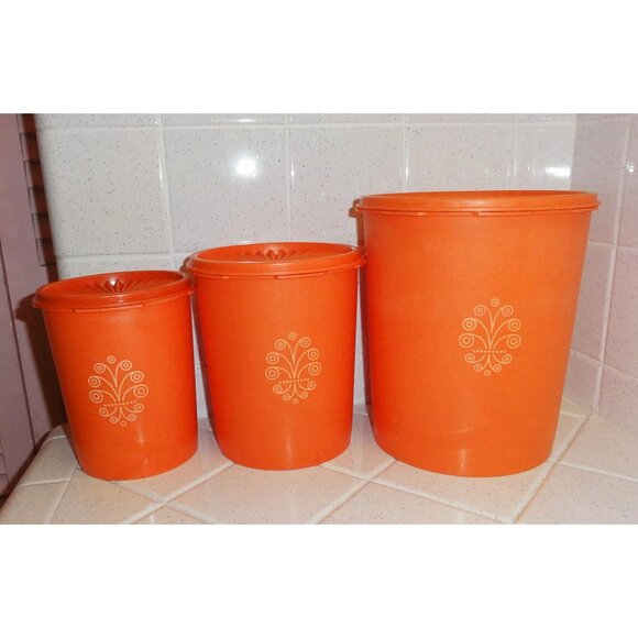 Vintage Orange Tupperware Nesting Canister Set of 3 servalier mcm 1970s storage - Picture 2 of 16
